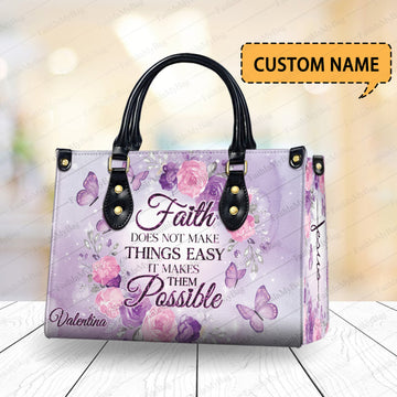 HB32-Personalized Faith PU Leather Handbag–Custom Name Christian Tote, Religious Butterfly Floral Purse, Inspirational Bible Verse Gift for Women