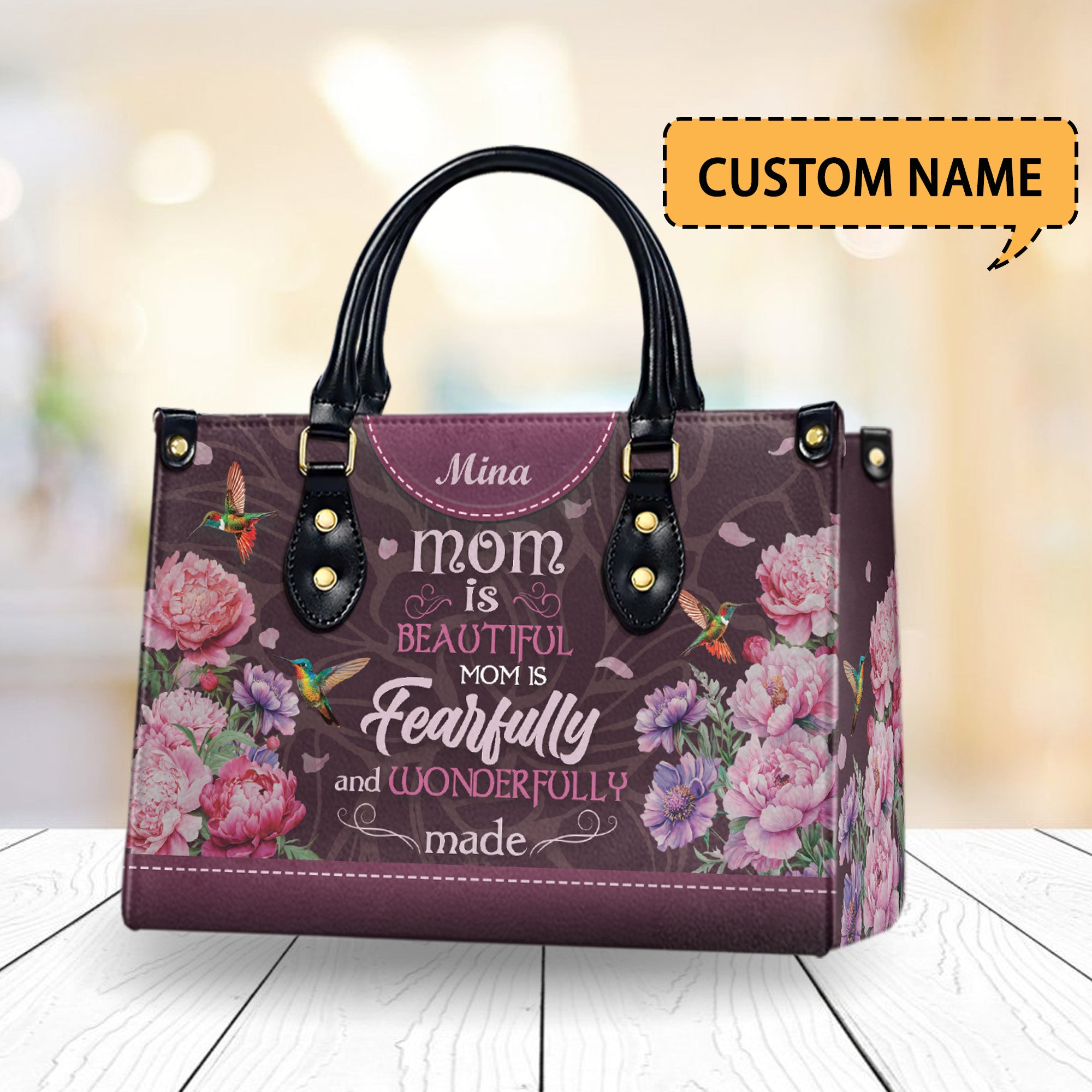 HB10-Personalized Christian Leather Handbag for Mom - PU Leather Purse with Bible Verse - Faith-Based Floral Tote Bag - Mother’s Day Gift