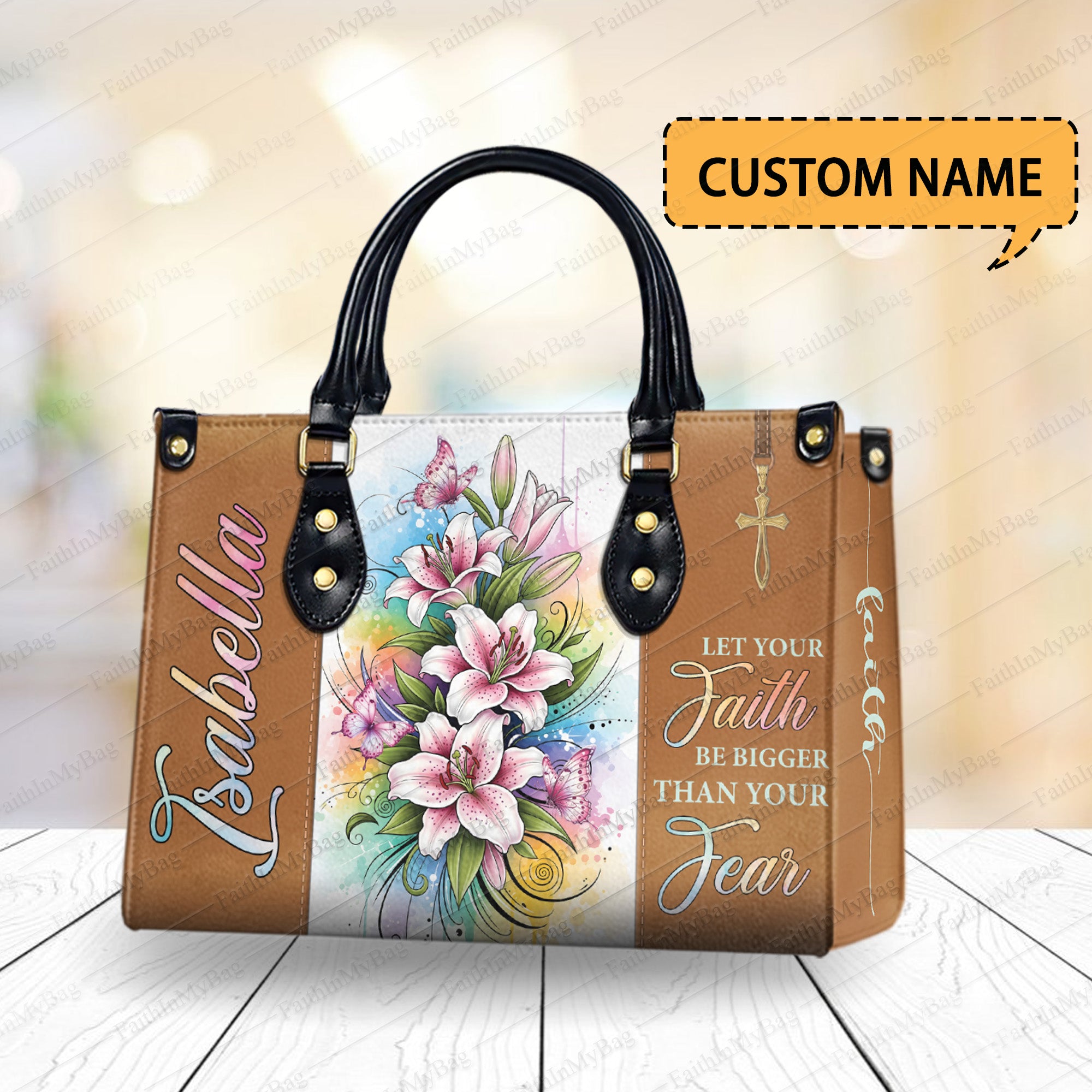 HB130 - Personalized Christian Handbag with Bible Verse – Let Your Faith Be Bigger Than Your Fear – Floral Custom Name Tote Bag