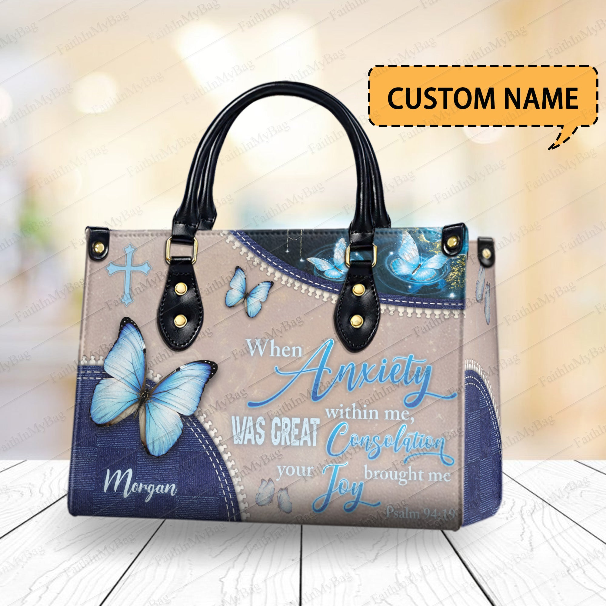 HB128 - Personalized Christian Handbag – Psalm 94:19 Bible Verse Butterfly Purse, Custom Name Faith Bag for Women, Scripture Gift Idea