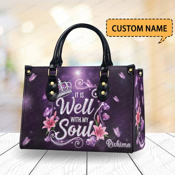 HB107 -It Is Well With My Soul, Christian Handbag, Custom Name, Faith Inspired Leather Purse, Crown and Floral Design