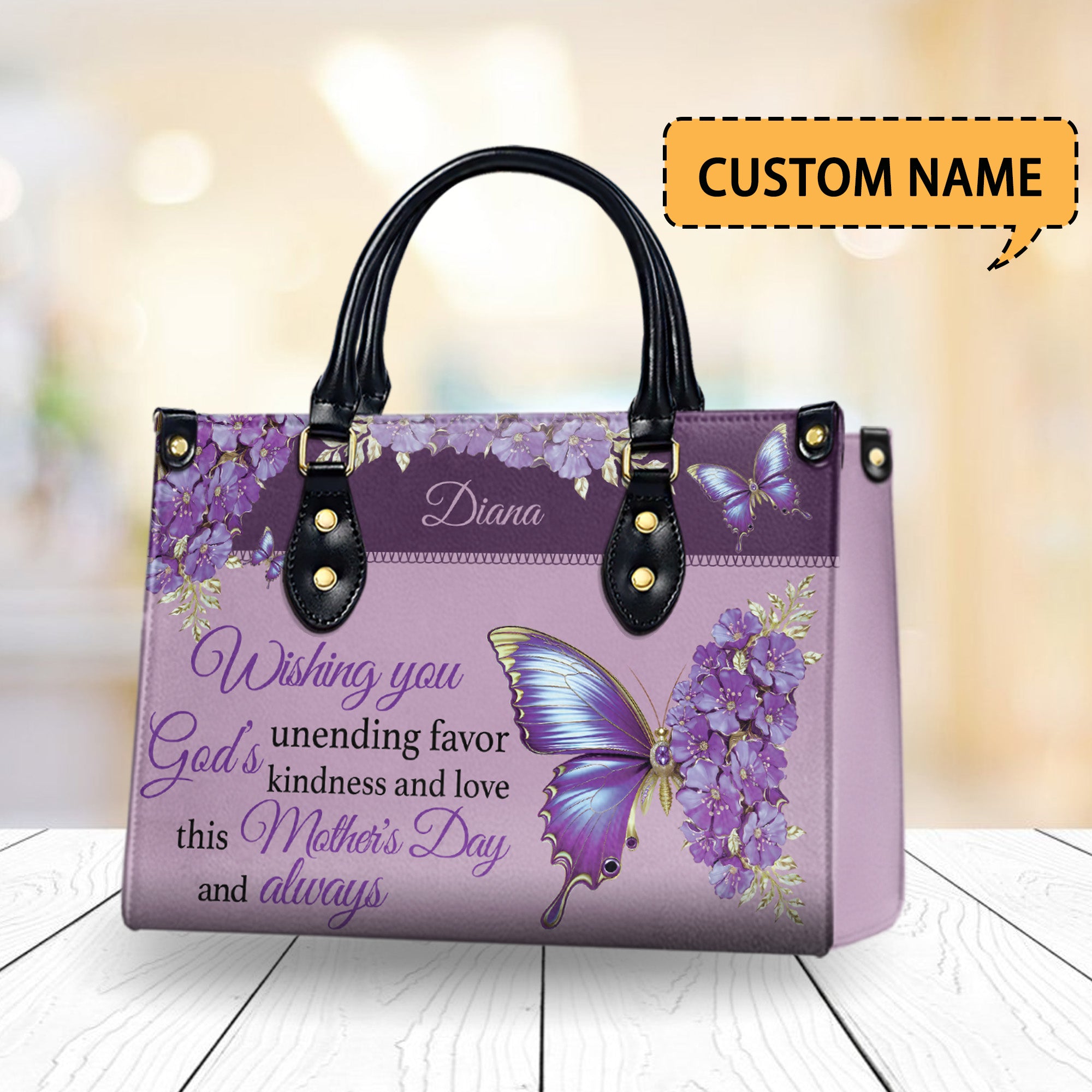 HB97 - Personalized Christian Mother’s Day Handbag – Purple Butterfly Floral Gift for Mom with Custom Name