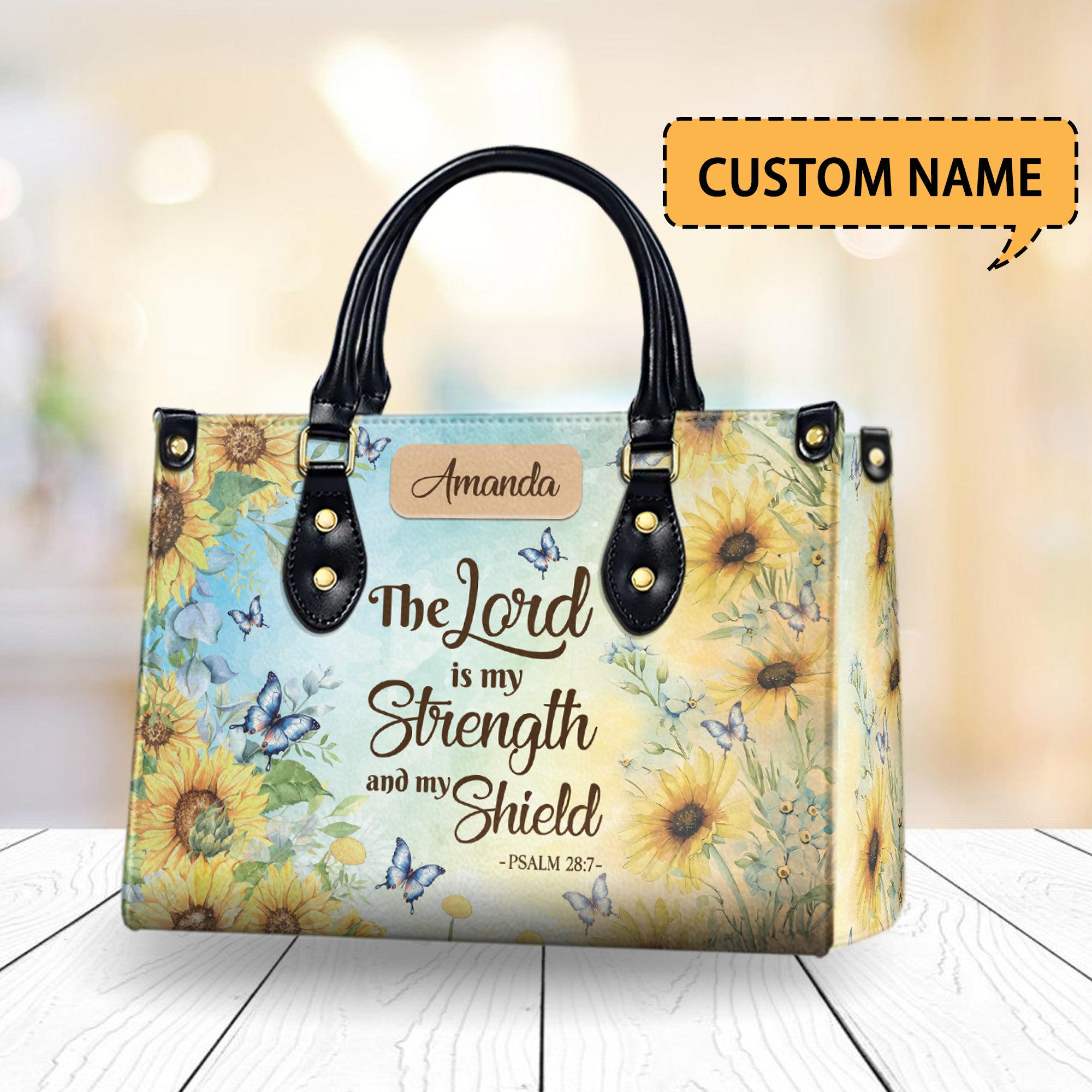 HB03-Personalized Christian Leather Handbag, PU Leather Bible Verse Tote, Sunflower Faith Bag, Custom Name Religious Purse, Psalm 28:7 Gift
