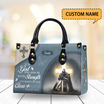 HB105 Psalm 18:32 Christian Handbag – Custom Name Bible Verse Purse with Knight and Cross, Faith Gift for Women