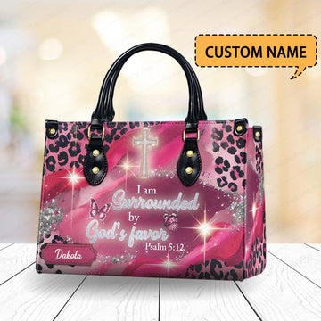 HB143 - Christian Handbag with Psalm 5:12 – I Am Surrounded by God's Favor – Personalized Name, Faith-Inspired Gift for Women