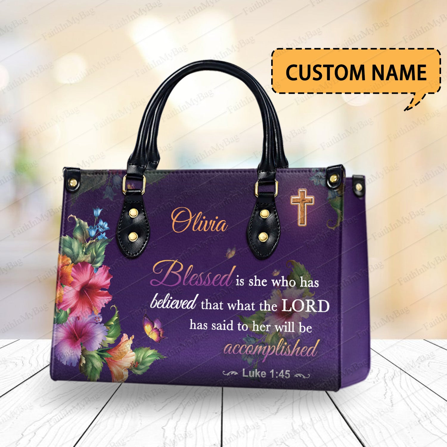 HB52-personalized christian handbag for women with bible verse luke 1 45, custom name floral faith purse, religious gift bag
