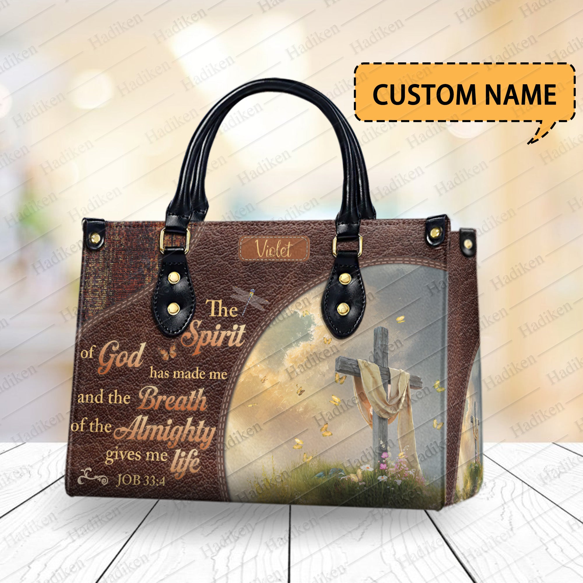 HB99 - Custom Name Christian Handbag – Job 33:4 Scripture Purse – Faith-Based Leather Tote with Cross and Quote Design