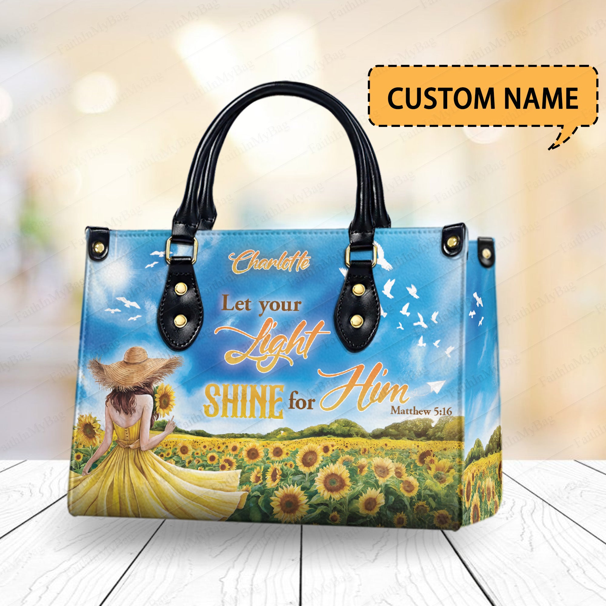HB138 - Custom Name Christian Handbag – Let Your Light Shine For Him Purse – Matthew 5:16 Bible Verse Bag – Faith Inspired Gift for Women