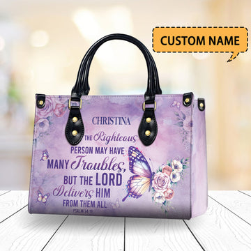 HB93 - Custom Name Christian Handbag – The Lord Delivers Purse – Bible Verse Psalm 34:19 Bag – Faith Butterfly Floral Tote for Women