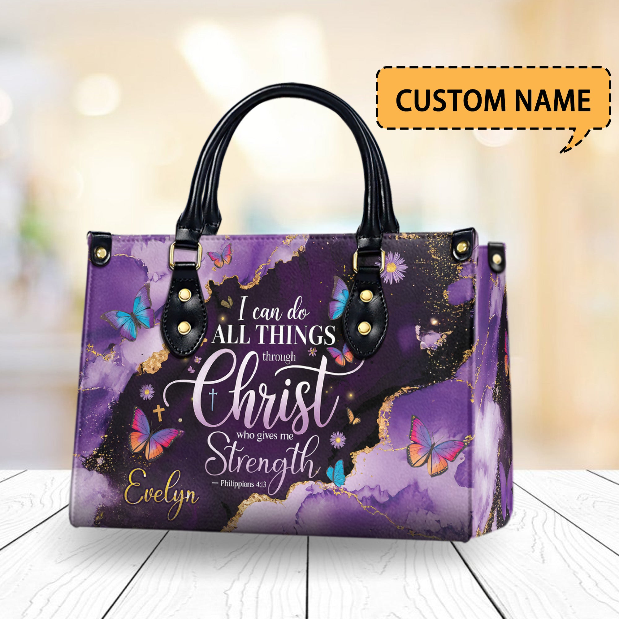 HB09-Personalized Christian PU Leather Handbag - Custom Name Philippians 4:13 Bible Verse Tote - Faith-Inspired Purse, Religious Gift for Women
