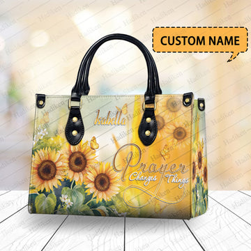 HB89 - Custom Name Christian Handbag - Sunflower Faith Purse with “Prayer Changes Things” Quote - Religious Gift for Women