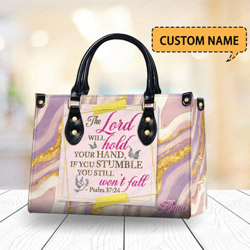 HB137 -Christian Handbag with Bible Verse – The Lord Will Hold Your Hand – Custom Name Faith Gift for Women
