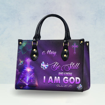 HB59-Custom Christian handbag with purple glow, cross, and Psalm 46:10 – “Be Still and Know I Am God” – faith gift for women