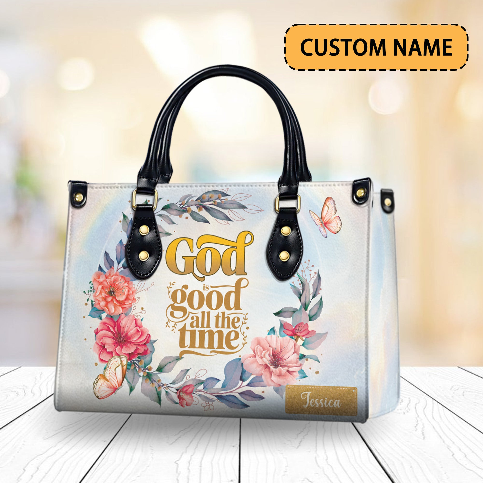 HB70-God Is Good All The Time Floral Handbag – Christian Custom Name Tote Bag, Bible Verse Purse, Religious Gift for Women