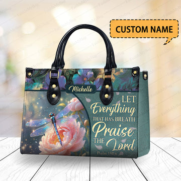 HB126 - Custom Name Christian Tote Bag for Women – Faith Handbag with Psalm 150:6, Dragonfly & Peony Art