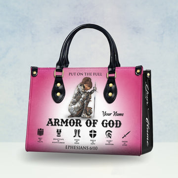 HB56-personalized armor of god handbag for women, christian custom name purse with ephesians 6 10 verse, pink leather faith bag