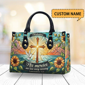 HB05-Personalized Christian Leather Handbag – His Mercies Are New Every Morning, Cross & Dove PU Leather Purse, Faith-Based Gift for Women