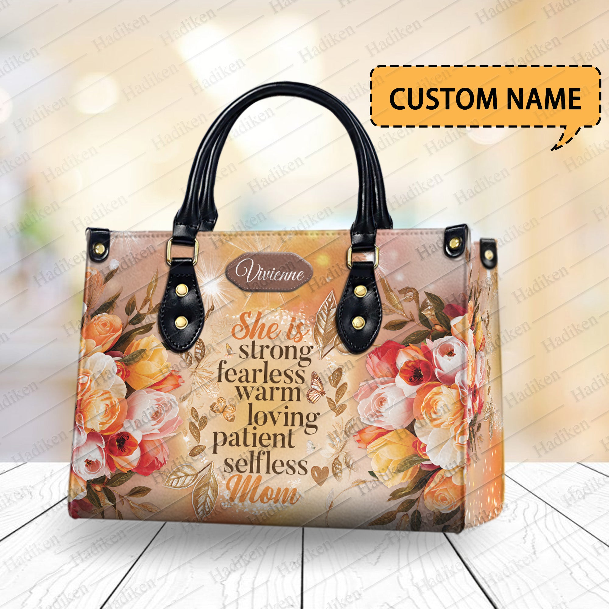 HB91 - Custom Name Floral Handbag for Mom – Strong Fearless Loving Quote Purse – Personalized Mother’s Day Gift – Elegant Christian Tote Bag