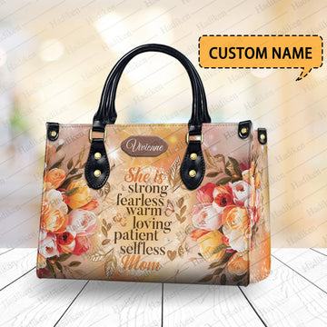 HB91 - Custom Name Floral Handbag for Mom – Strong Fearless Loving Quote Purse – Personalized Mother’s Day Gift – Elegant Christian Tote Bag