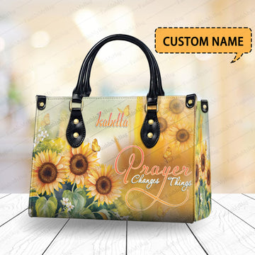 HB117 Custom Name Christian Handbag, Prayer Changes Things Sunflower Purse, Faith Inspired Religious Bag for Women, Personalized Gift