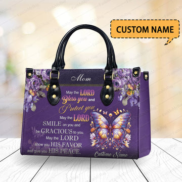 HB50-Christian Mom Handbag with Bible Verse and Butterfly, Personalized Purple PU Leather Purse, Meaningful Faith Gift for Mother