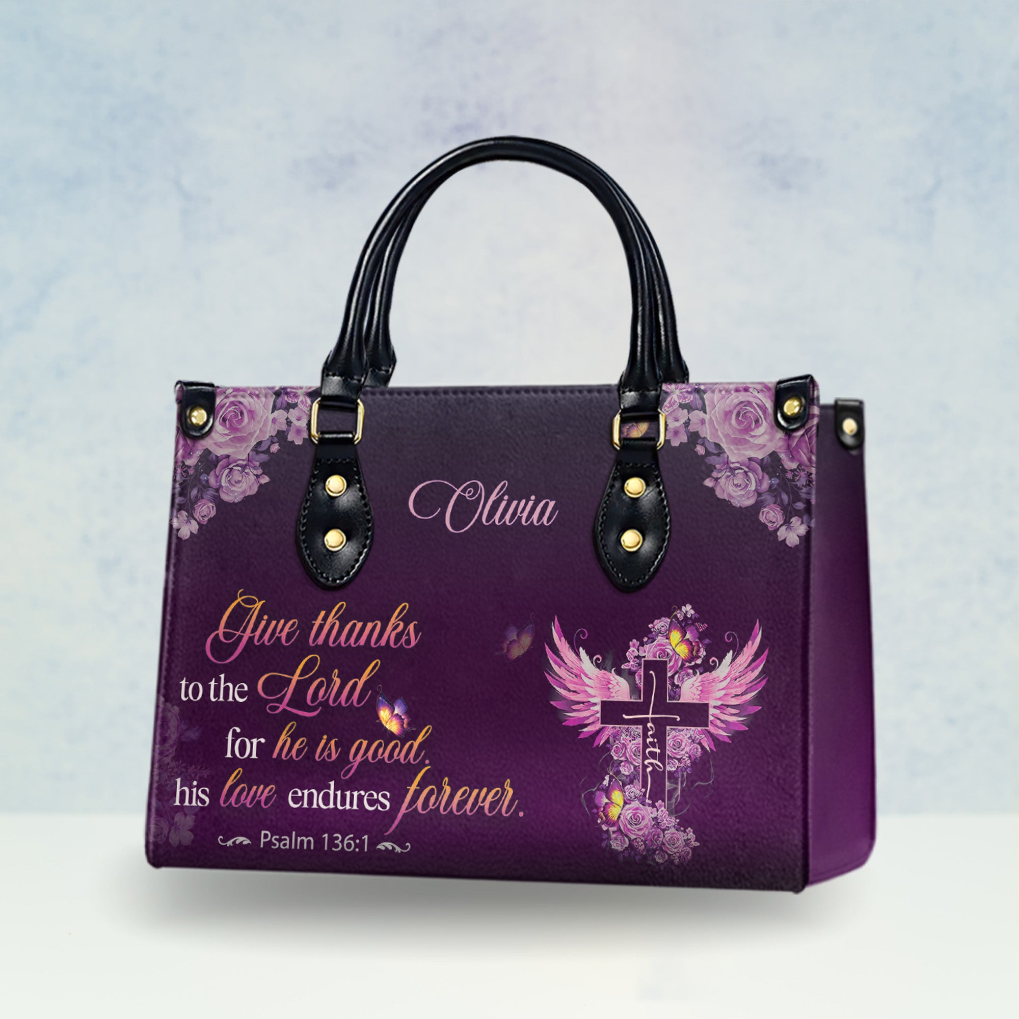 HB68-Give thanks to the lord handbag, psalm 136 1 custom name christian purse, purple cross faith bag gift for religious women