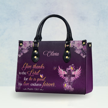 HB68-Give thanks to the lord handbag, psalm 136 1 custom name christian purse, purple cross faith bag gift for religious women