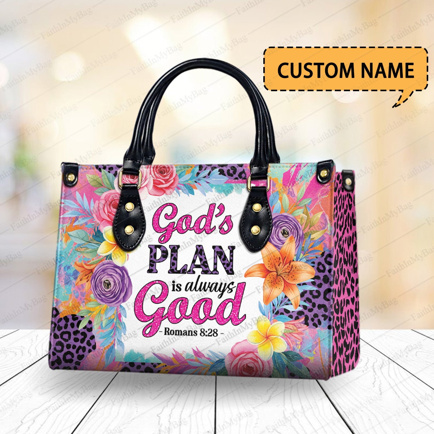HB127 -God's Plan Christian Handbag, Bible Verse Purse with Floral Design, Custom Name Faith Gift for Her