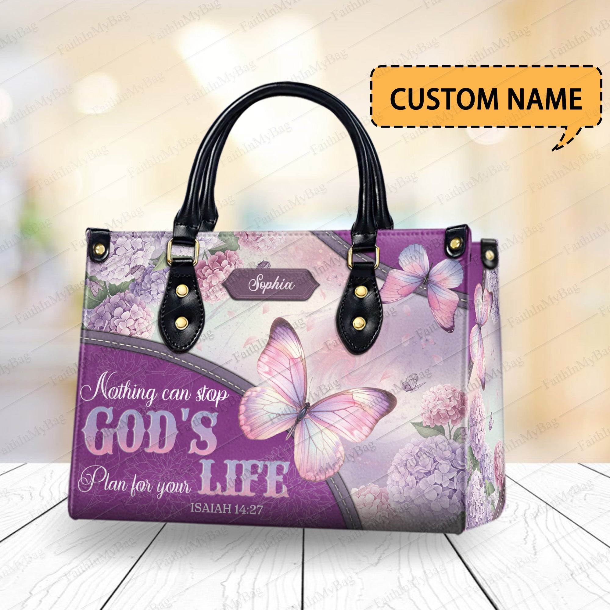 HB122 - Custom Name Christian Handbag – Butterfly Bible Verse Purse “God’s Plan” – Isaiah 14:27 Faith Gift for Women