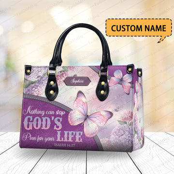 HB122 - Custom Name Christian Handbag – Butterfly Bible Verse Purse “God’s Plan” – Isaiah 14:27 Faith Gift for Women
