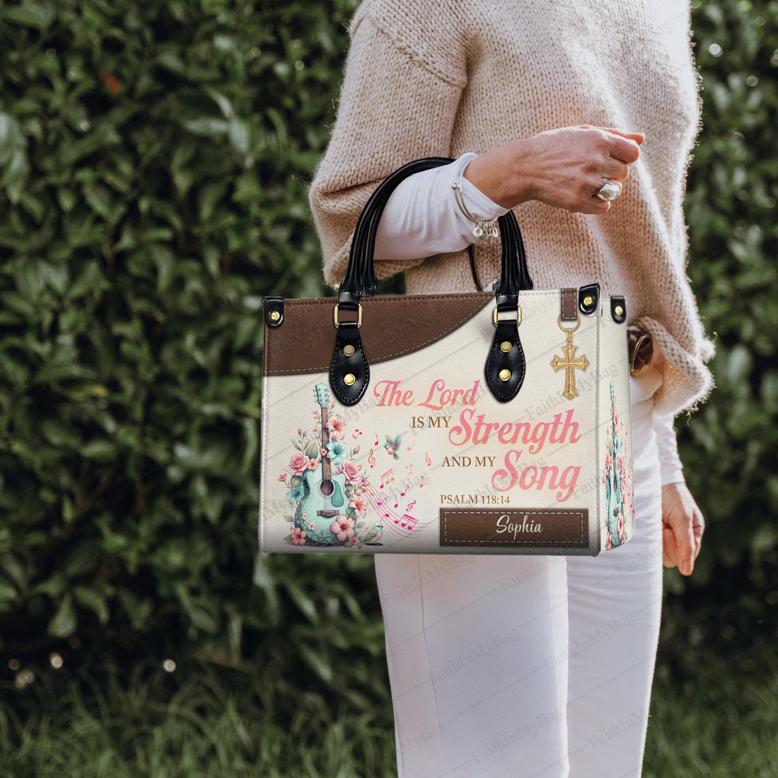 HB112 Christian Handbag with Psalm 118:14, Custom Name Purse, The Lord Is My Strength and Song, Faith Inspired Leather Bag Gift