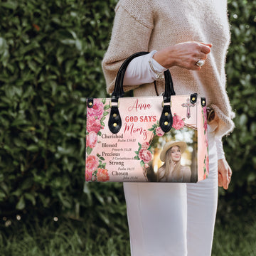 HB72-Personalized God Says Mom Handbag – Custom Photo & Name, Bible Verse Christian Tote Bag Gift for Faithful Moms