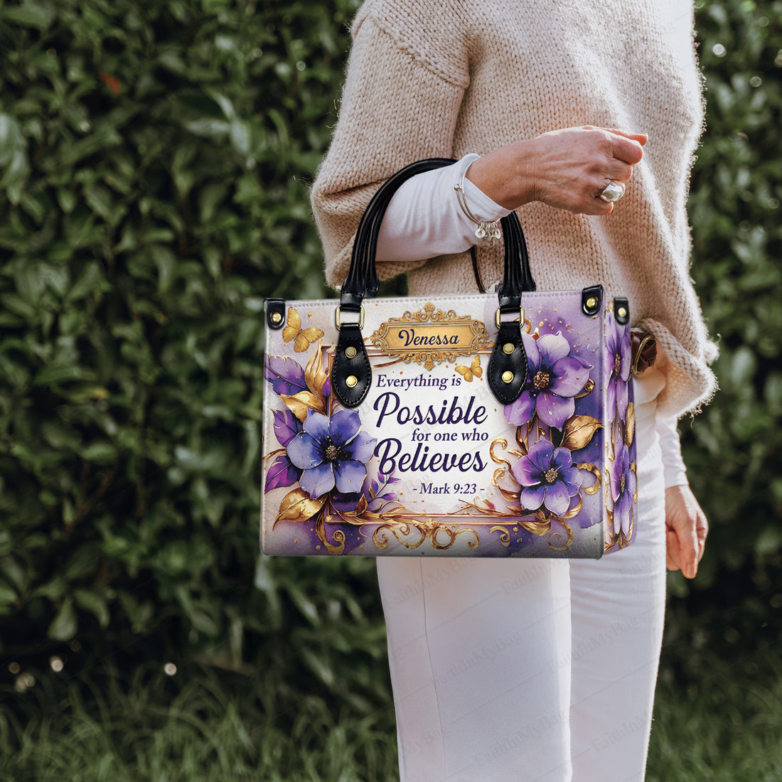HB100 - Christian Handbag with Mark 9 23 Bible Verse, Custom Name Purple Faith Purse, Personalized Gift for Women Believers