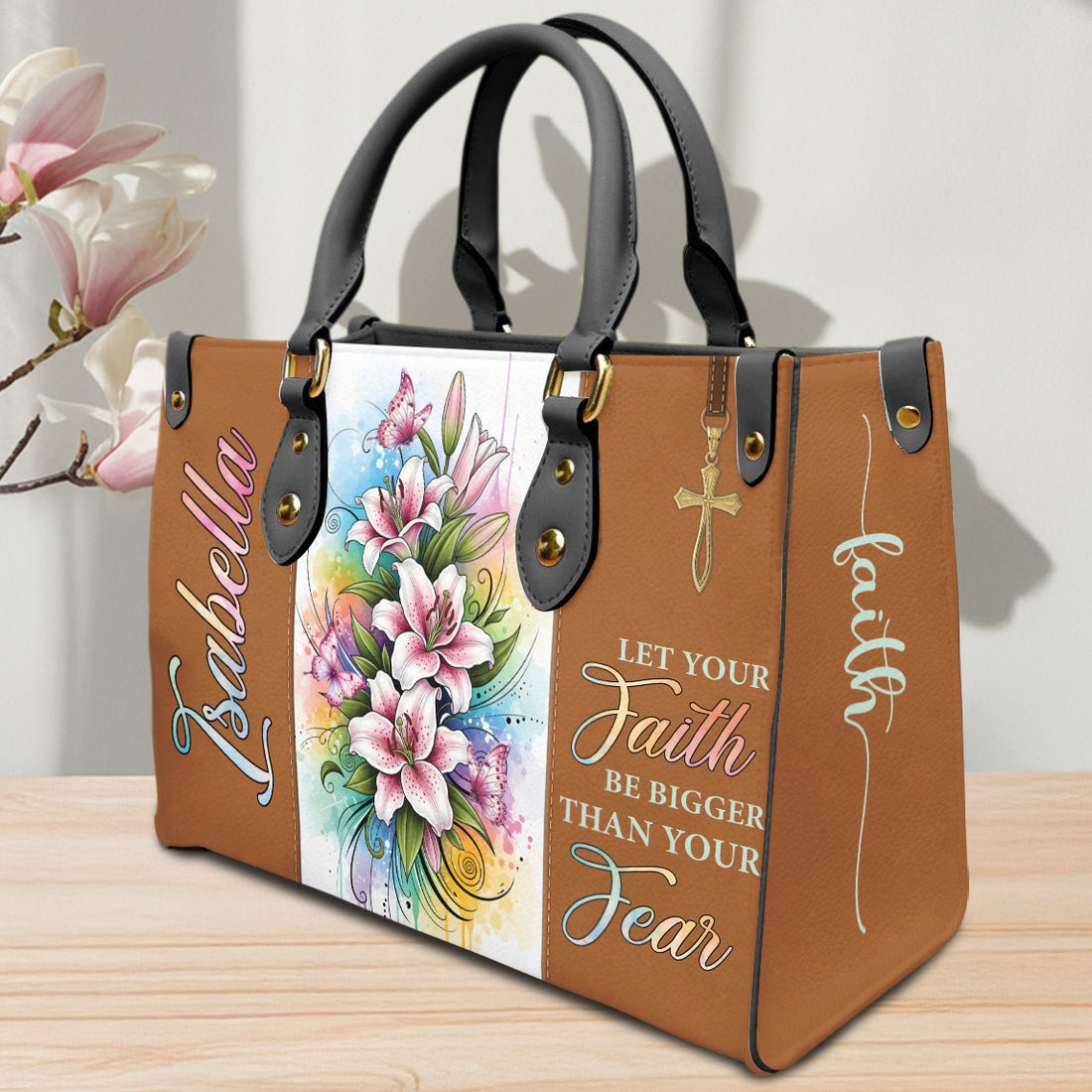 HB130 - Personalized Christian Handbag with Bible Verse – Let Your Faith Be Bigger Than Your Fear – Floral Custom Name Tote Bag