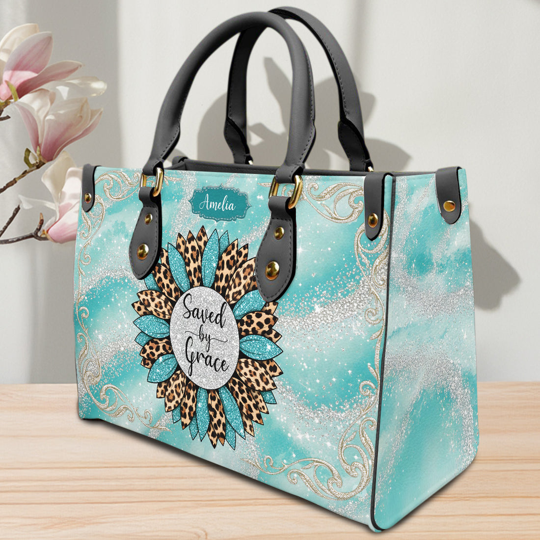 HB104 Saved by Grace Custom Handbag – Christian Purse with Name, Leopard Sunflower Faith Bag for Women, Religious Gift Idea