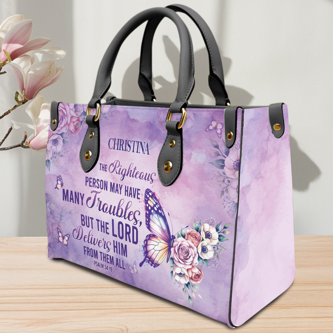 HB93 - Custom Name Christian Handbag – The Lord Delivers Purse – Bible Verse Psalm 34:19 Bag – Faith Butterfly Floral Tote for Women