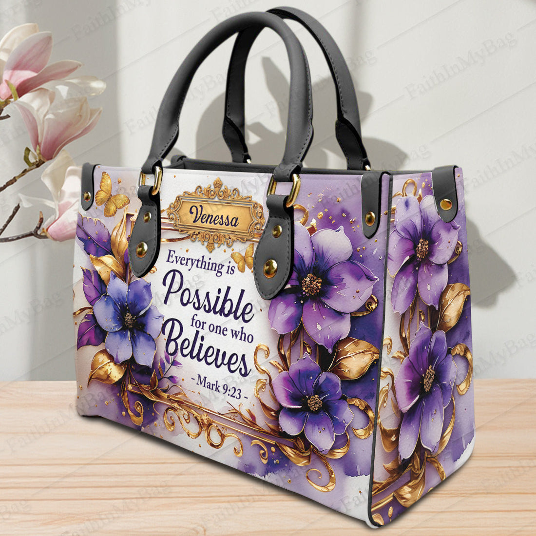 HB100 - Christian Handbag with Mark 9 23 Bible Verse, Custom Name Purple Faith Purse, Personalized Gift for Women Believers
