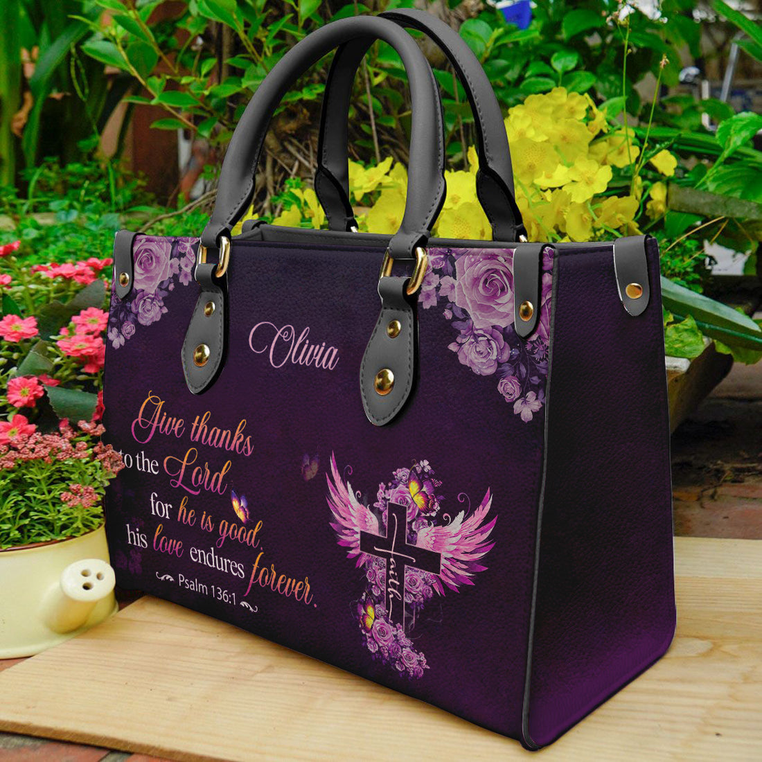 HB68-Give thanks to the lord handbag, psalm 136 1 custom name christian purse, purple cross faith bag gift for religious women