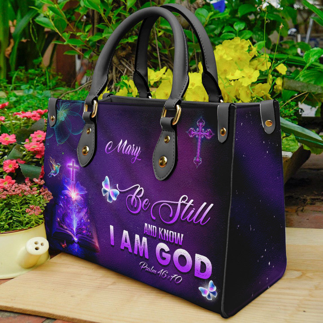 HB59-Custom Christian handbag with purple glow, cross, and Psalm 46:10 – “Be Still and Know I Am God” – faith gift for women