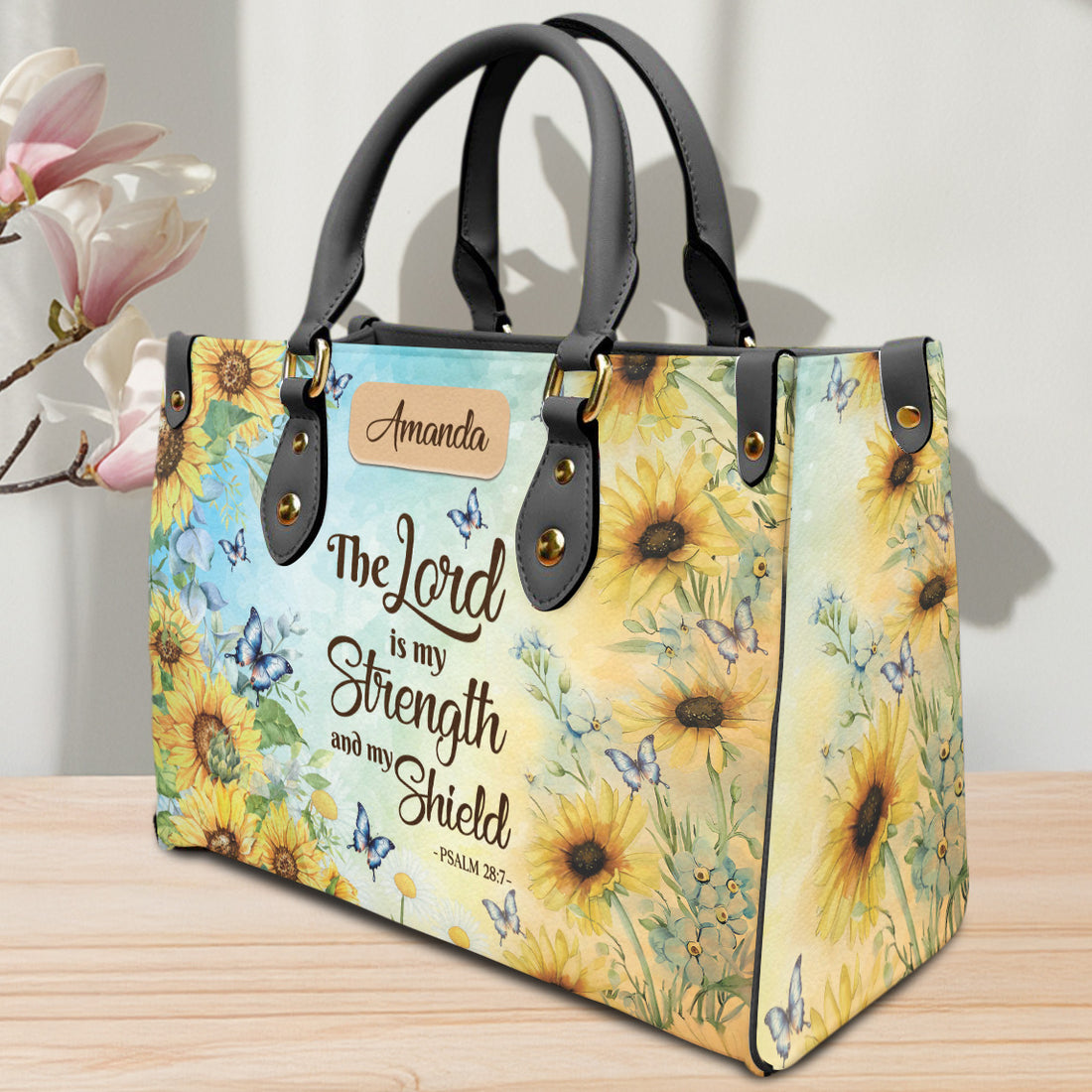 HB03-Personalized Christian Leather Handbag, PU Leather Bible Verse Tote, Sunflower Faith Bag, Custom Name Religious Purse, Psalm 28:7 Gift