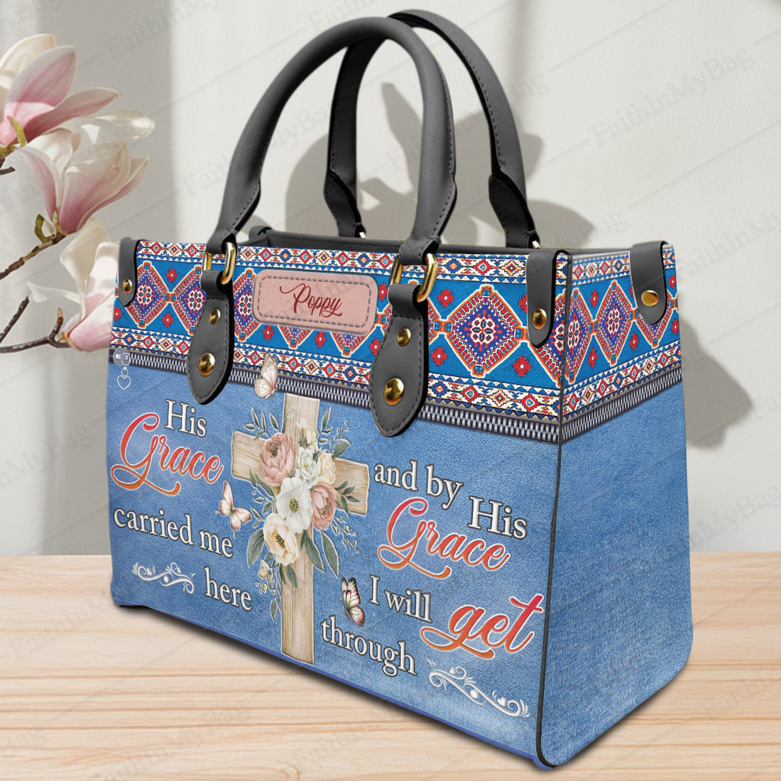 HB144 - Christian Handbag with Bible Verse – His Grace Carried Me Here – Personalized Faith Purse, Custom Name Gift for Women