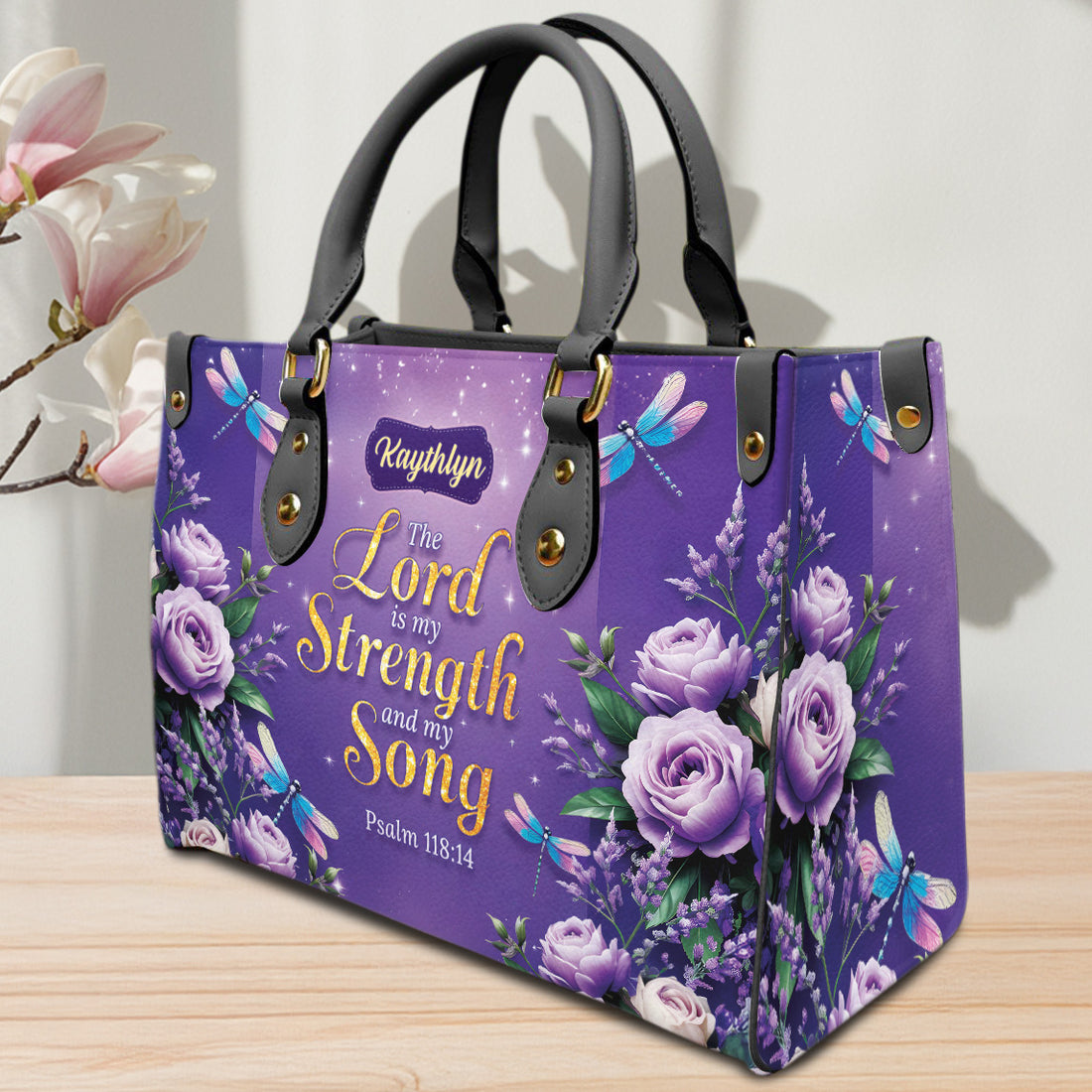 HB26-Personalized Christian Handbag, The Lord Is My Strength leather Handbag with handle, Bible Verse Gift for Women, mother's day gift
