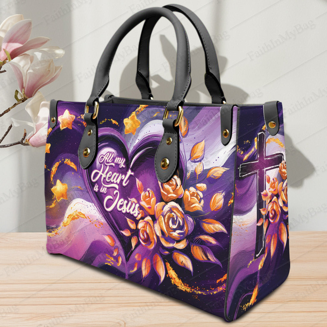 HB55 - Personalized Christian Handbag – "All My Heart Is in Jesus" PU Leather Tote Bag with Custom Name, Faith-Based Floral Purse Gift for Women