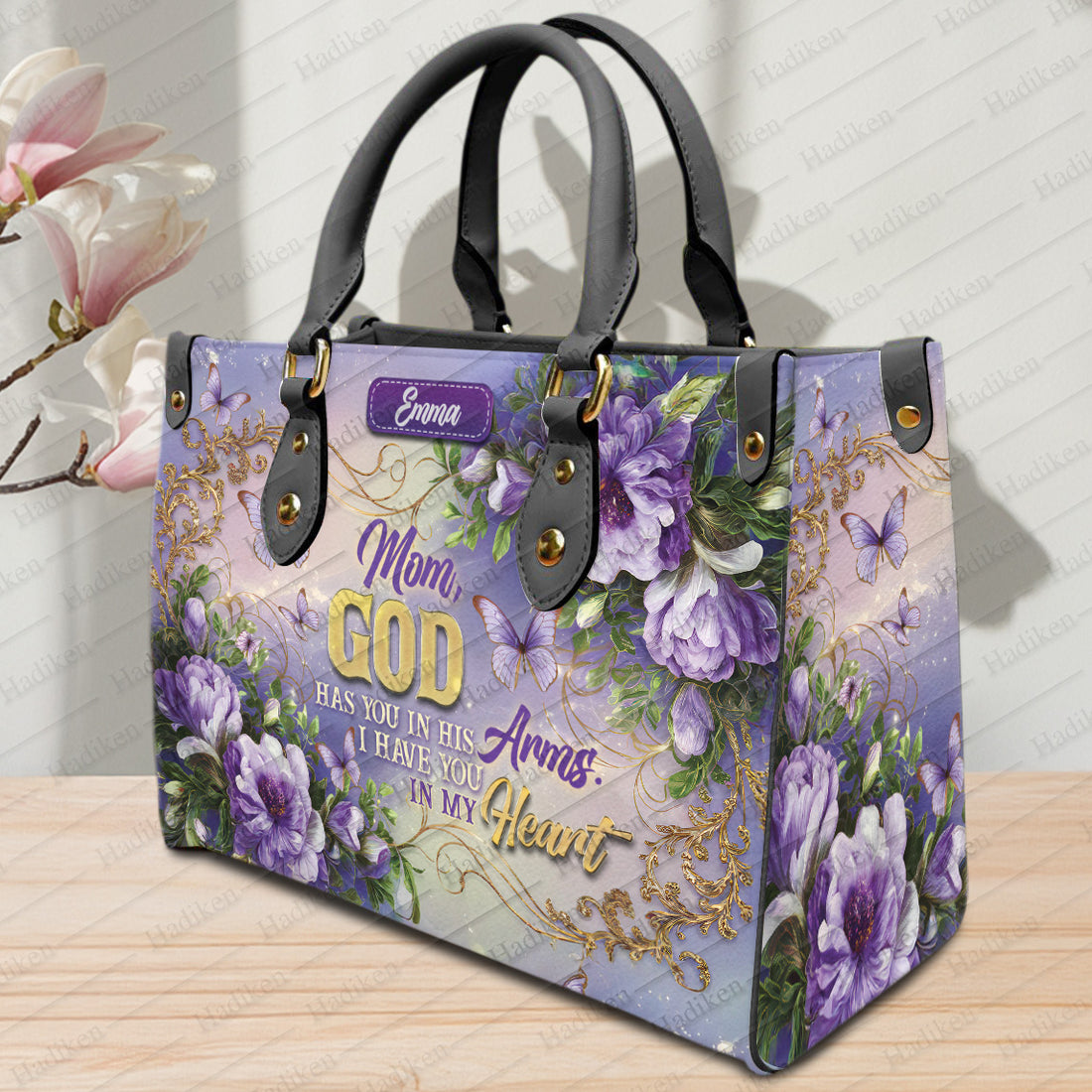 HB87 - Custom Name Christian Handbag – Mom God Has You In His Arms, Floral Faith Leather Purse, Religious Gift for Women