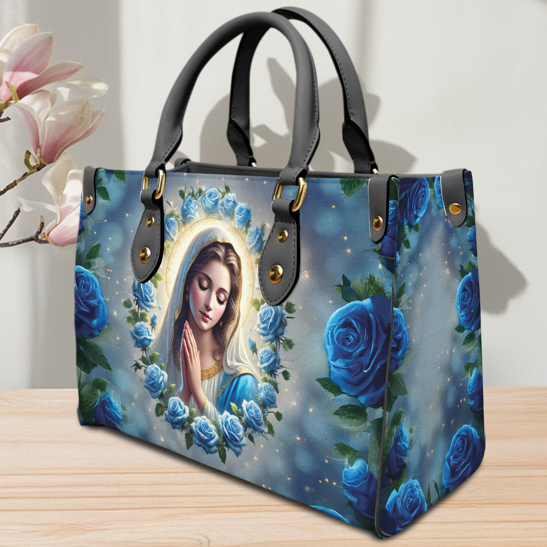 HB82-Personalized Virgin Mary Handbag – Blue Rose Christian Purse for Women, Catholic Gift, Faith-Based Religious Tote