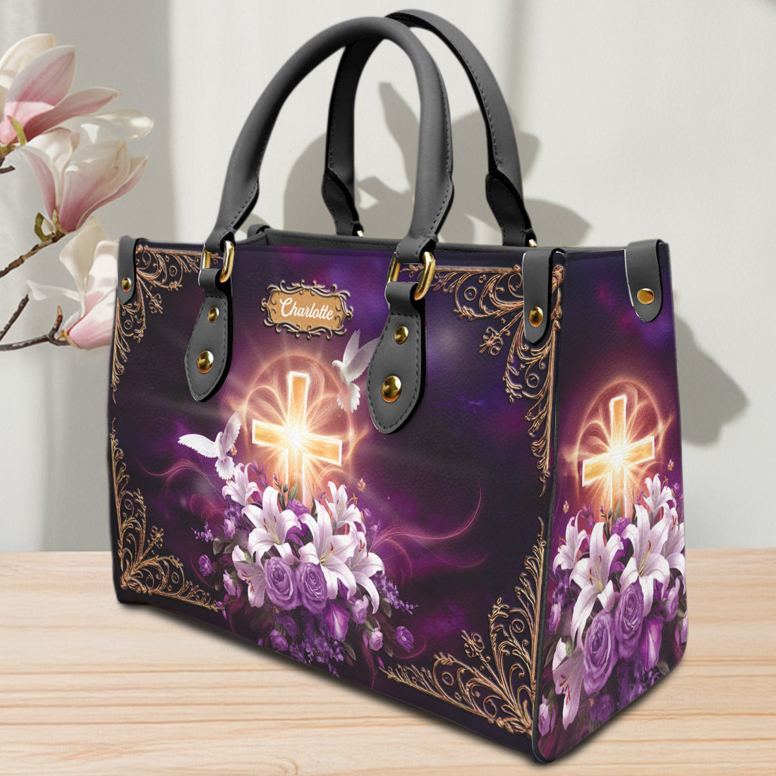 HB37-Personalized Christian Cross Handbag for Women, Custom Faith Purse with Dove and Floral Design, Religious Gift, Spiritual Tote Bag