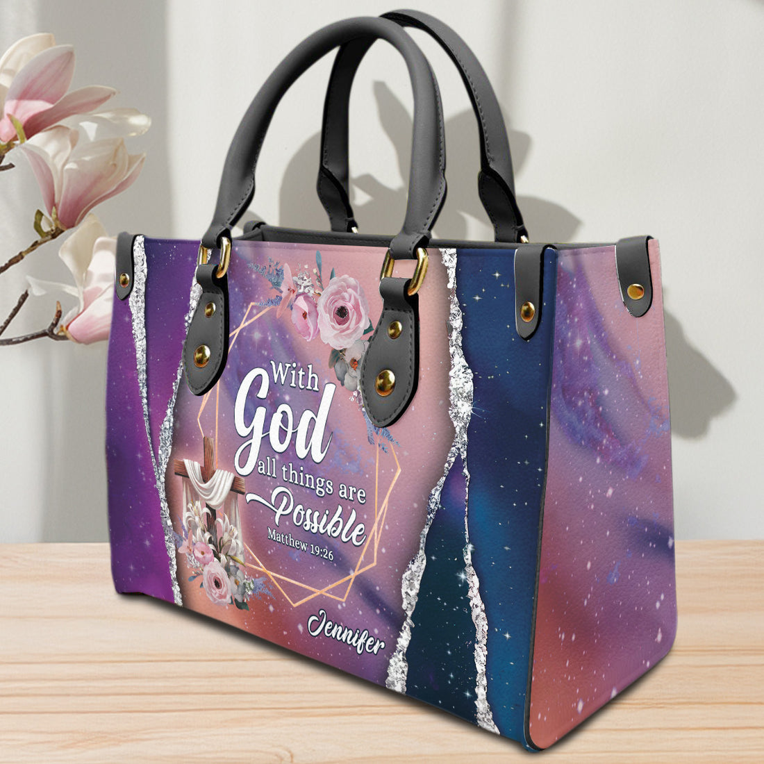 HB39-With God All Things Are Possible Handbag, Personalized Christian Leather Purse for Women, Matthew 19:26 Bible Verse Gift, Faith Tote Bag