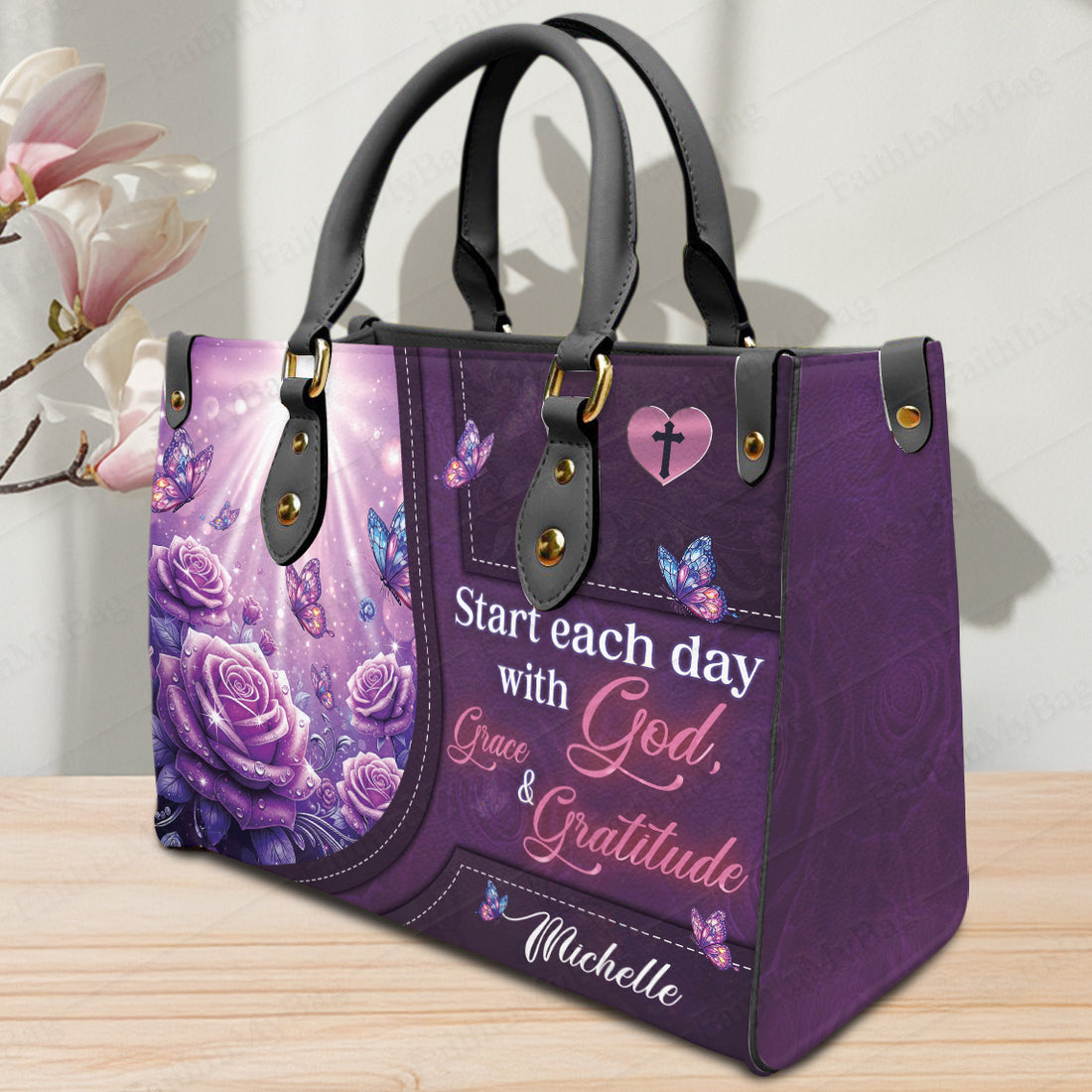 HB142 - Custom Name Christian Handbag – Grace and Gratitude Bible Verse Purse – Faith Inspired Leather Bag for Women