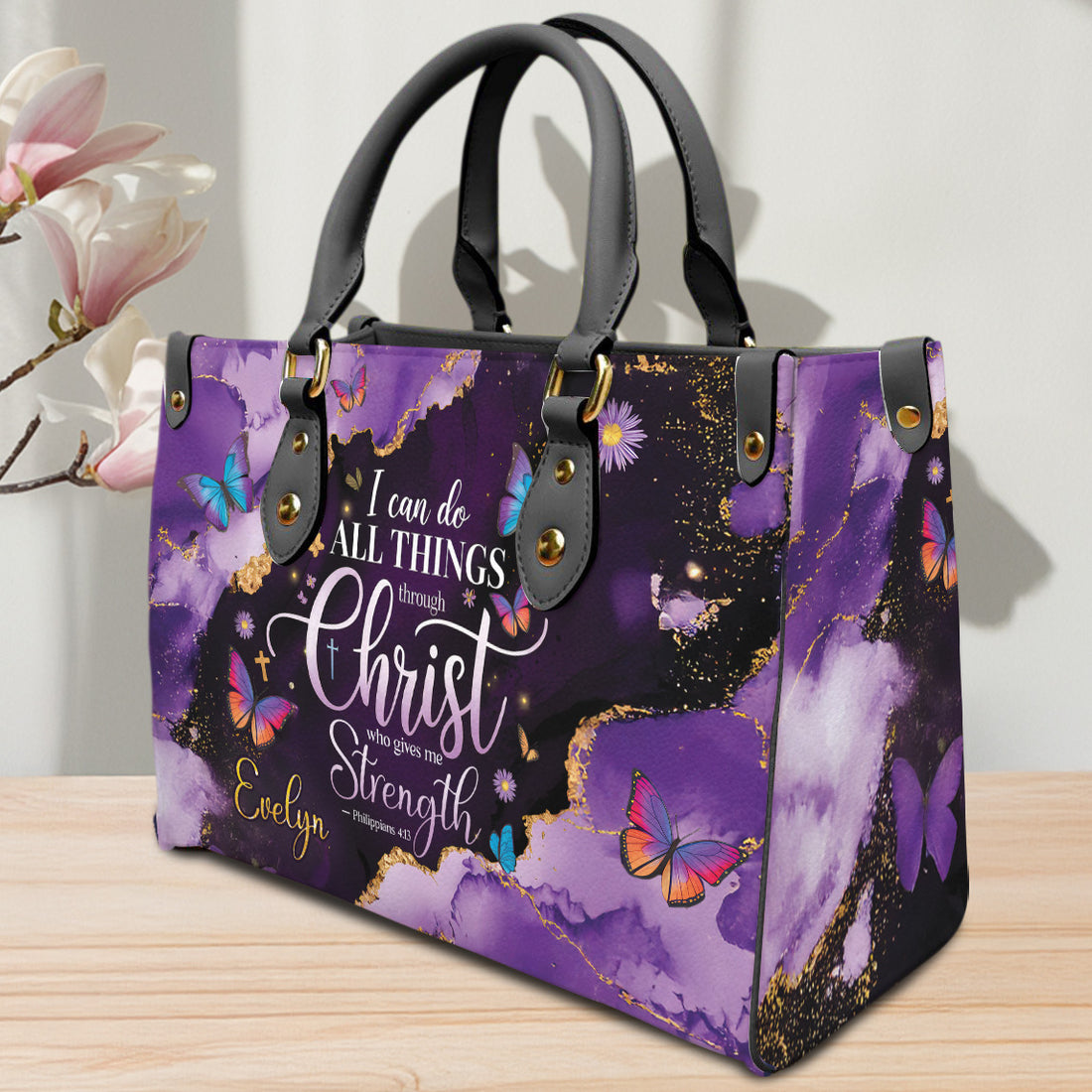HB09-Personalized Christian PU Leather Handbag - Custom Name Philippians 4:13 Bible Verse Tote - Faith-Inspired Purse, Religious Gift for Women