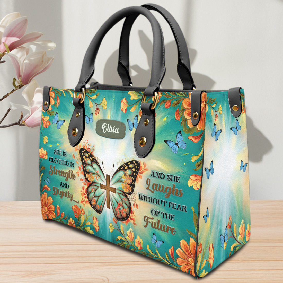 HB17-Custom Name Christian Leather Handbag - Faith Butterfly Bag, Bible Verse, Cross, Personalized Religious Gift for Women, Mom, Jesus Lovers.